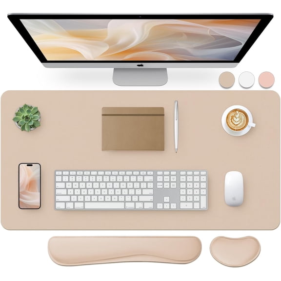 Leather Desk Pad and Keyboard Wrist Rest Large Mouse + Pad+Mouse Support Non-Slip Mat Protector for Office Home(31.515.7 Inches Beige)