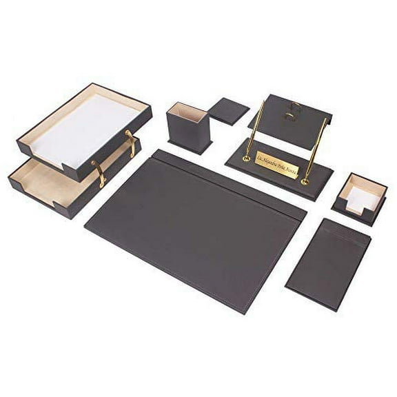 Leather Desk Set, 10 Pieces, Double Document Tray, Desk Organizer (Gray)