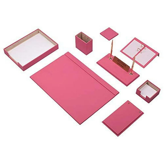 Leather Desk Set, 10 Pieces, Double Document Tray, Desk Organizer (Pink)