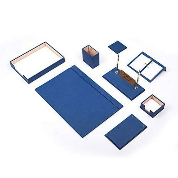 Leather Desk Set, 10 Pieces, Single Document Tray, Desk Organizer (Blue)