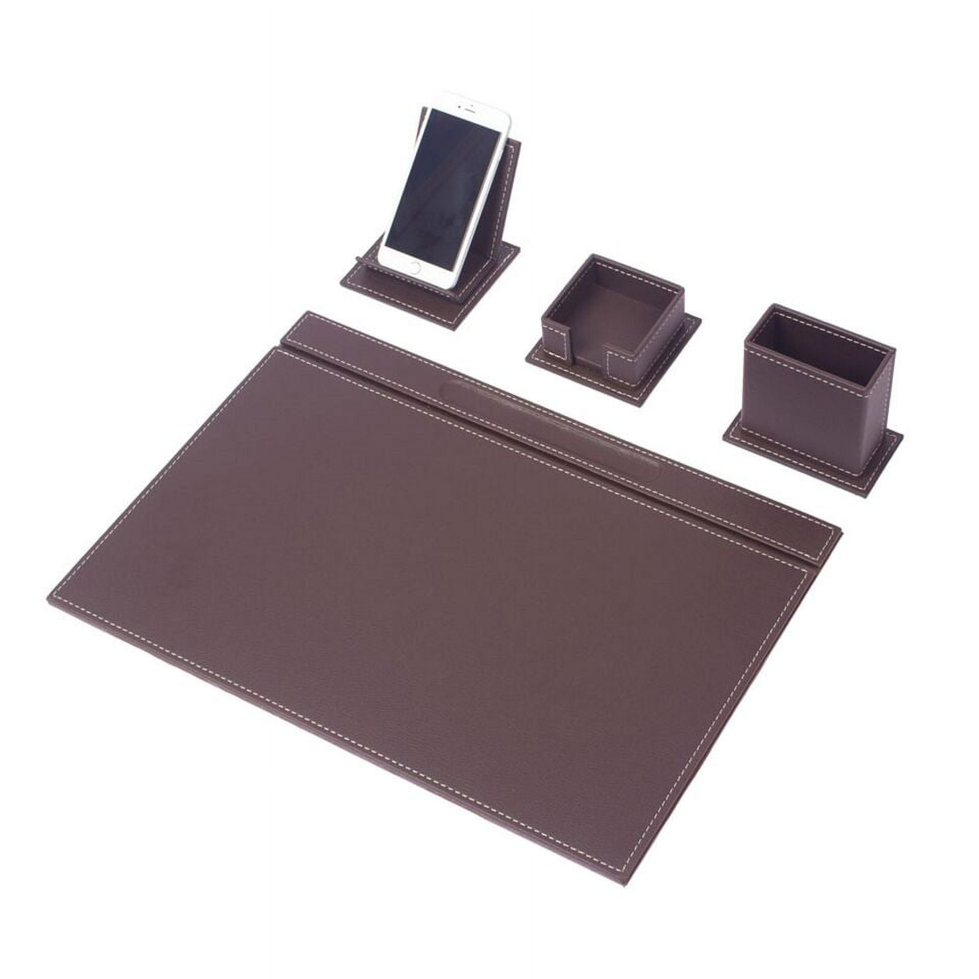 Brown Faux Leather Desk Organizer Set with White Stitching