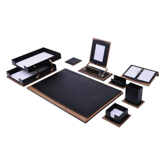 Leather Desk Set - Leather Organizer Desk Set - Walnut Wood Desk Set - Office Product - Desk Accessories Set - 11 PCS (Black)