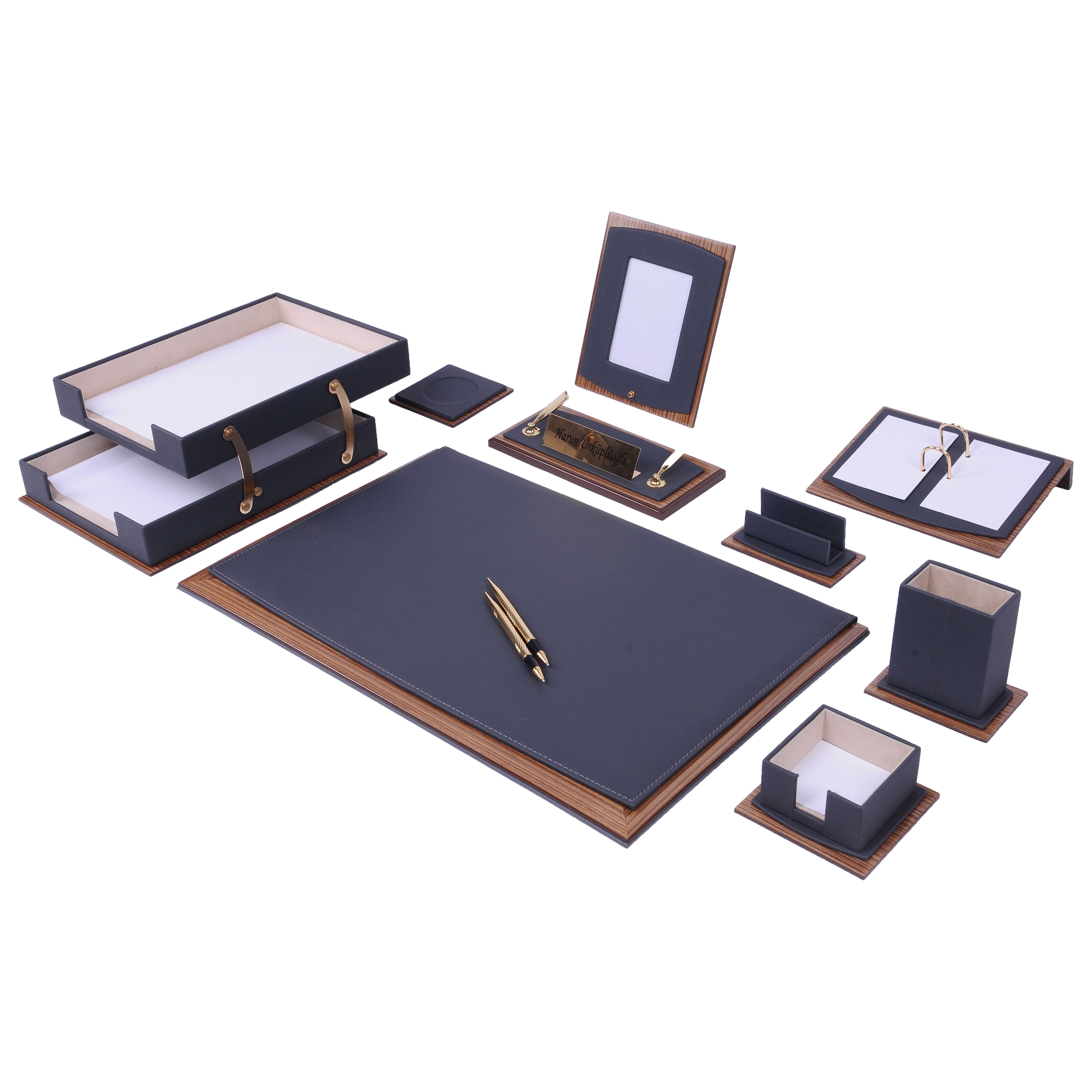 Leather Desk Set - Leather Organizer Desk Set - Walnut Wood Desk Set -  Office Product - Desk Accessories Set - 11 PCS (Gray) 