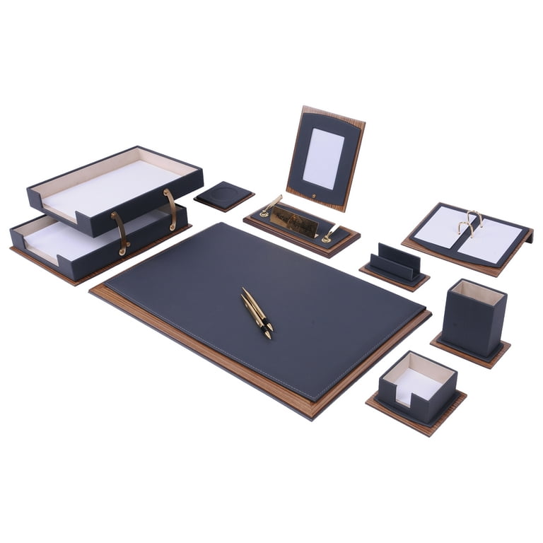 Leather Desk Set - Leather Organizer Desk Set - Walnut Wood Desk Set -  Office Product - Desk Accessories Set - 11 PCS (Gray)