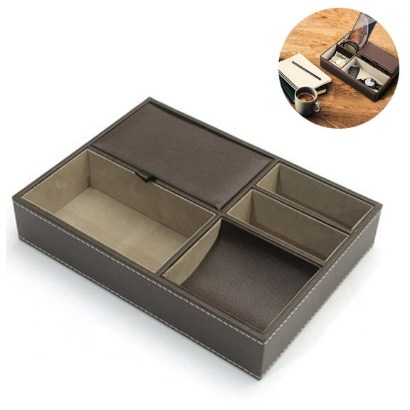Leather Desktop Storage Organizer, Multi Catchall Tray, Valet Tray, Nightstand or Dresser Organizer - 5 Compartment Wallet, Phone, Keys, Jewelry, Money, Accessories Anti-Scratch Felt Bottom