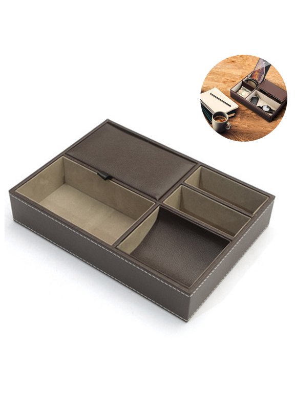 Leather Desktop Storage Organizer, Multi Catchall Tray, Valet Tray, Nightstand or Dresser Organizer - 5 Compartment Wallet, Phone, Keys, Jewelry, Money, Accessories Anti-Scratch Felt Bottom