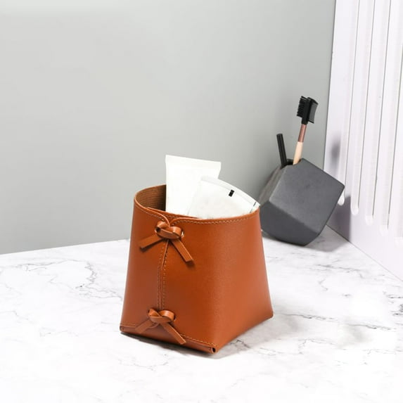 Leather Desktop Storage Organizer | Pencil Cup Holder & Beauty Brush Rack | Key Box & Purse Organizer | Beige/Brown | 11×11×13cm | Durable Design for Home, Office, Restaurant