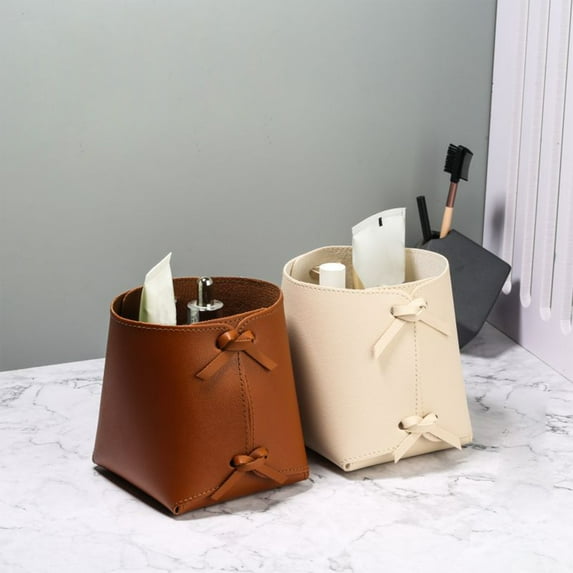 Leather Desktop Storage Organizer | Pencil Cup Holder & Brush Rack | Key Box & Purse Organizer | Beige/Brown | 11脳11脳13cm | Durable Design for Home, Office, Restaurant