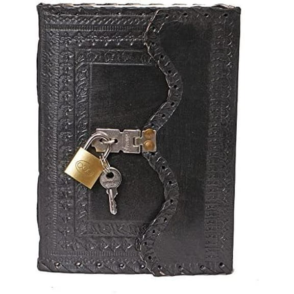 Leather Diary Journal with Lock Notepad Writing Book with Lock & Key Handmade Papers Designed for Home & Office, Vintage Antique Style Organizer Blank Notebook (Black)