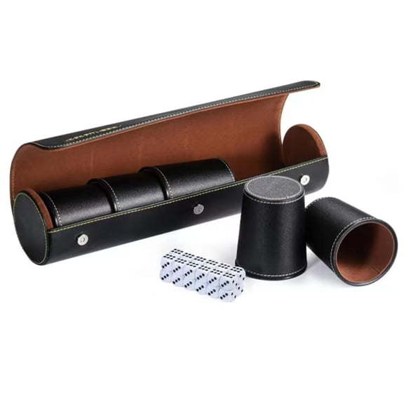 Leather Dice Cup Set, 5 Black Leather Dice Cups + 24 Dice + Exclusive Storage and Transport Case Made of Faux Leather