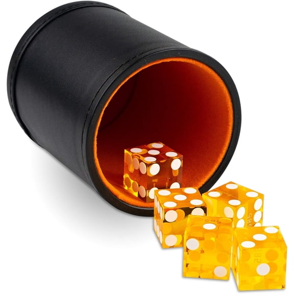 Leather Dice Cup with 5 Casino Dice, Orange