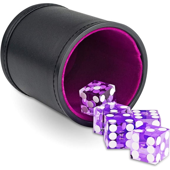Leather Dice Cup with 5 Casino Dice, Purple Haze