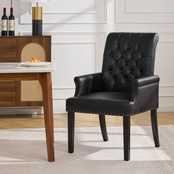 Leather Dining Chair with Arms, Upholstered Tufted High Back Dining Room Chairs, Accent Armchair with Solid Wood Leg and Nailhead Trim, Black