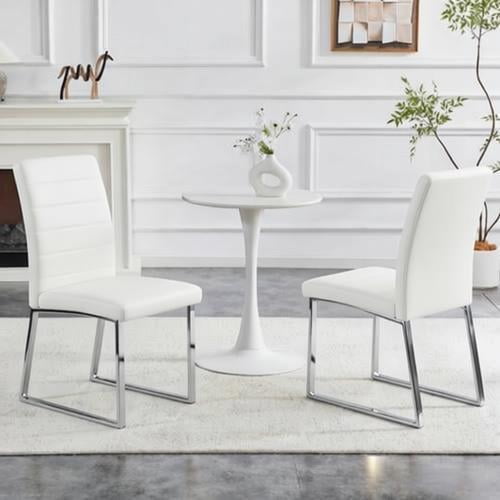 Leather Dining Chairs Set of 2, Modern Upholstered Side Chairs, Metal Leg, Dining Room Chairs for Kitchens, White Silver