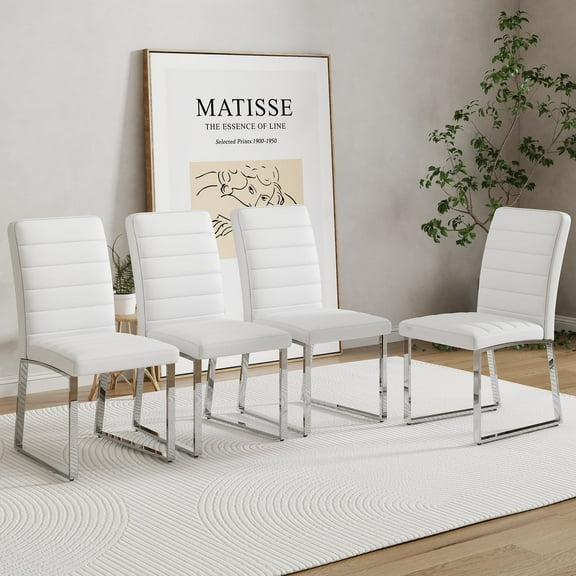Leather Dining Chairs Set of 4, Modern Upholstered Side Chairs, Metal Leg, Dining Room Chairs for Kitchens, White Silver