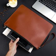 Leather Document Bag A4 Zippered Portfolio Folder Waterproof File Organizer Briefcase Pouch with Detachable Handle for Business Meetings Office School Travel Storage
