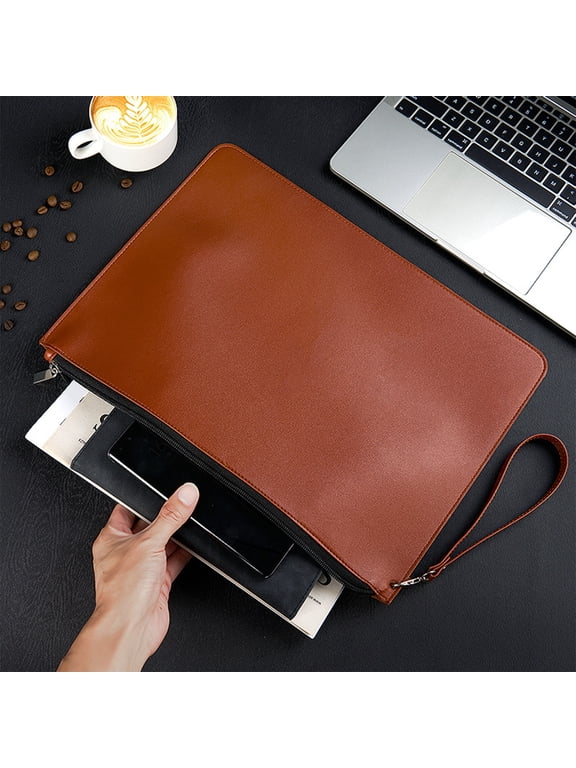 Leather Document Bag with Zipper, VVQ Large Capacity Waterproof A4 File Folder Portable Business Briefcase for Office Travel, Brown