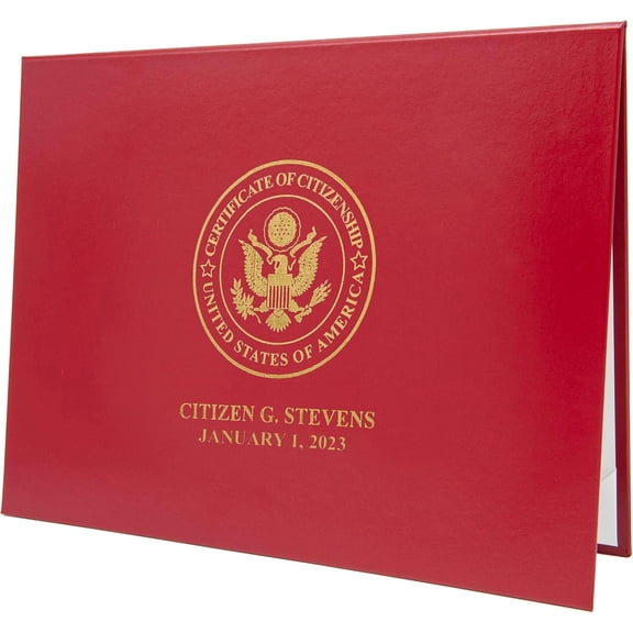 Leather Document Cover Red | Printed Stock Certificate of Citizenship in Gold Metallic Foil | Holds 8.5x11