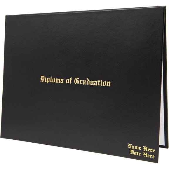 Leather Document Cover with Metallic Foil Stamped Graduation Diploma with Insert, Satin Ribbons Black (8.3x11.7)