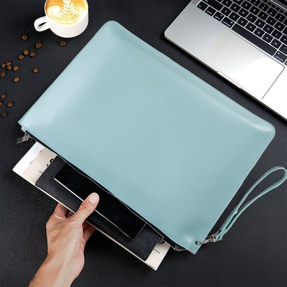 Leather Document Portfolio with Zipper, Waterproof A4/Letter Size File Folder with Detachable Handle for Business Office Travel, Blue