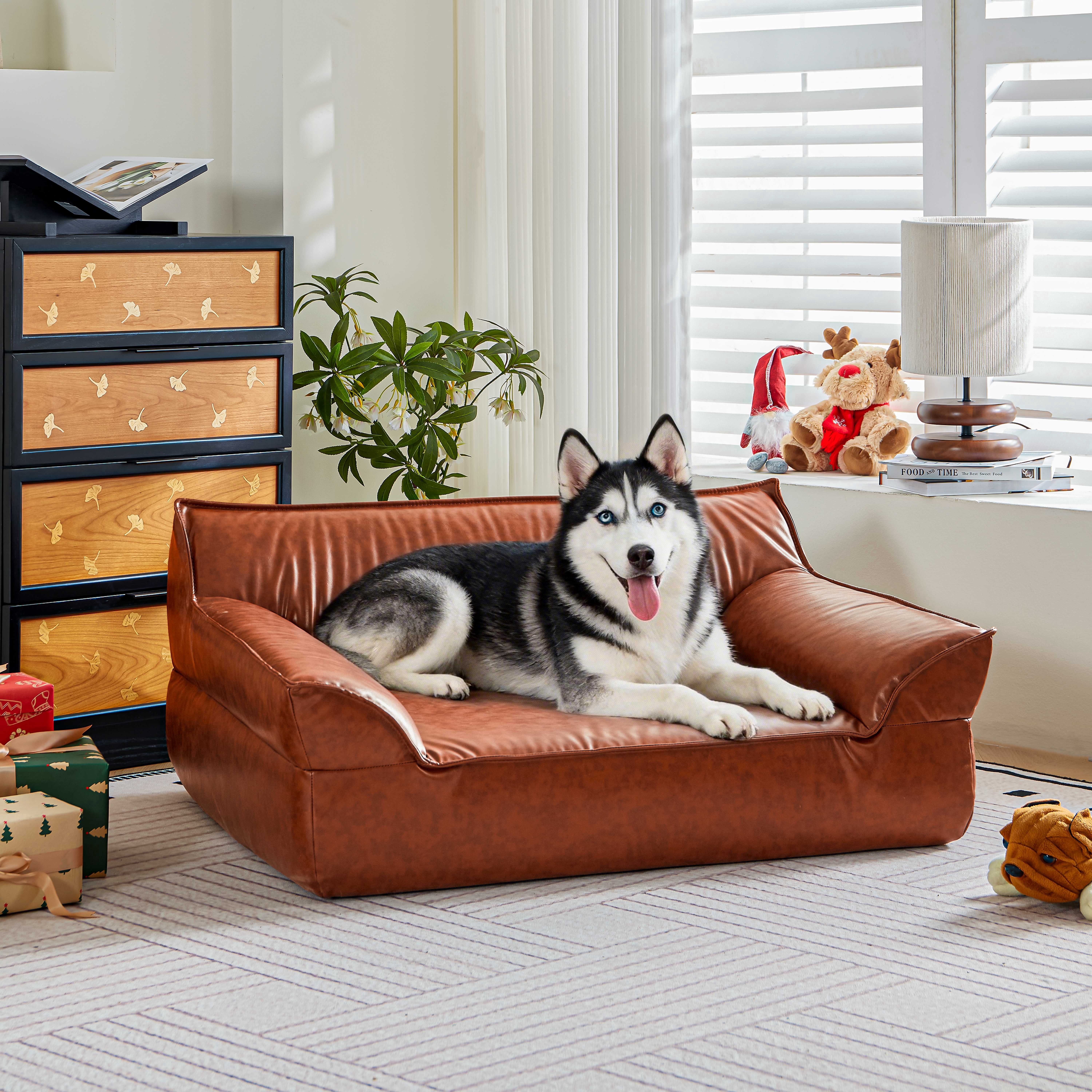 Leather Dog Bed Couch for Large Dogs up to 70lbs, Orthopedic Elevated Pet Sofa Bed with Removable & Washable Cover, Furniture Style Luxurious Dog Sofa, Brown