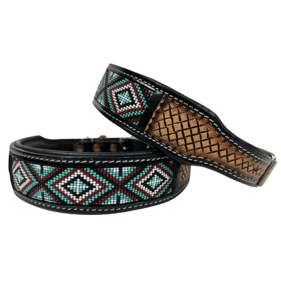 Leather Dog Collar Extra Small Size Western Style Heavy Duty Hand Tooled Adjustable Beaded and Padded Soft for Puppies and Big Dogs 10IS001-XS