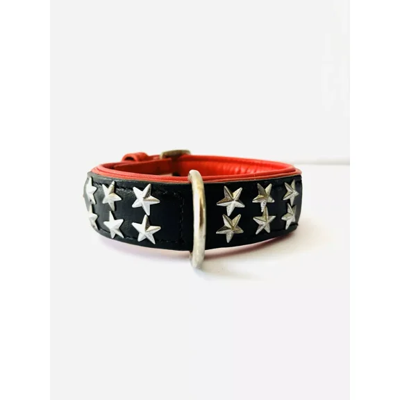 Leather Dog Collar Flag (USA) Luxury Star & Crystal Padded High Quality Collar