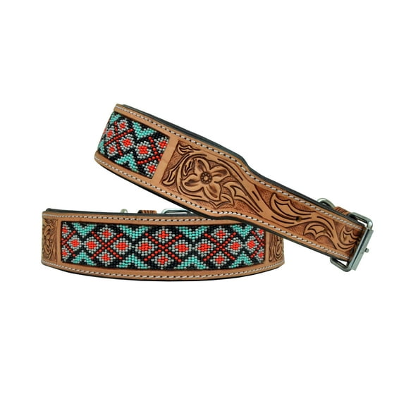 Leather Dog Collar Large Size Western Style Heavy Duty Hand Tooled Adjustable Beaded and Padded Soft for Puppies and Big Dogs 10AB023-L