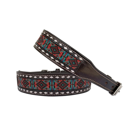 Leather Dog Collar Large Size Western Style Heavy Duty Hand Tooled Adjustable Beaded and Padded Soft for Puppies and Big Dogs 10IS017-L