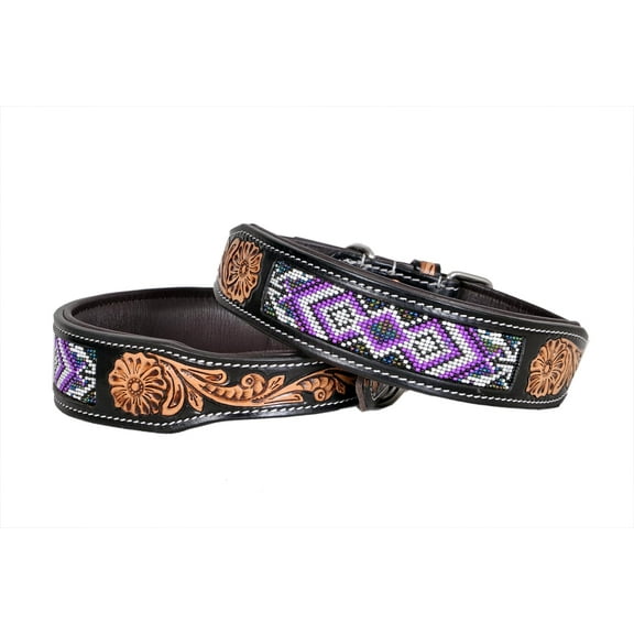 Leather Dog Collar Small Size Western Style Heavy Duty Hand Tooled Adjustable Beaded and Padded Soft for Puppies and Big Dogs 10IS003 -S