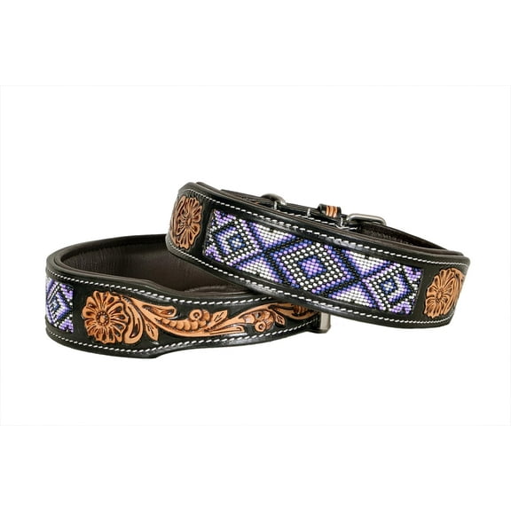 Leather Dog Collar Medium Size Western Style Heavy Duty Hand Tooled Adjustable Beaded and Padded Soft for Puppies and Big Dogs 10IS006-M