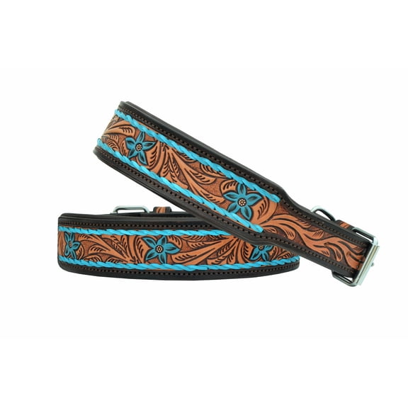 Leather Dog Collar Medium Size Western Style Heavy Duty Hand Tooled Adjustable Padded Soft for Small Puppies and Big Dogs 10AB139-M