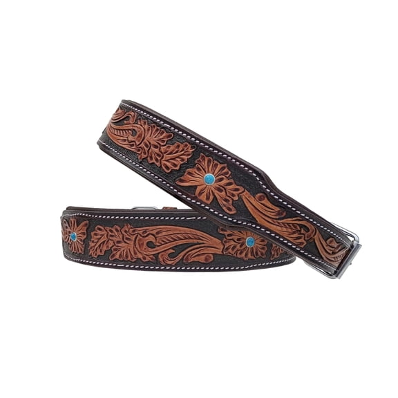 Leather Dog Collar Small Size Western Style Heavy Duty Hand Tooled Adjustable Padded Soft for Small Puppies and Big Dogs 10AB155 -S