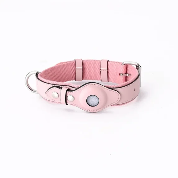 Leather Dog Collar Pet Adjustable Necklaces with Luxury Design for Apple Airtag LocationPositioning Device Cover Cat Accessories (Pink,S)