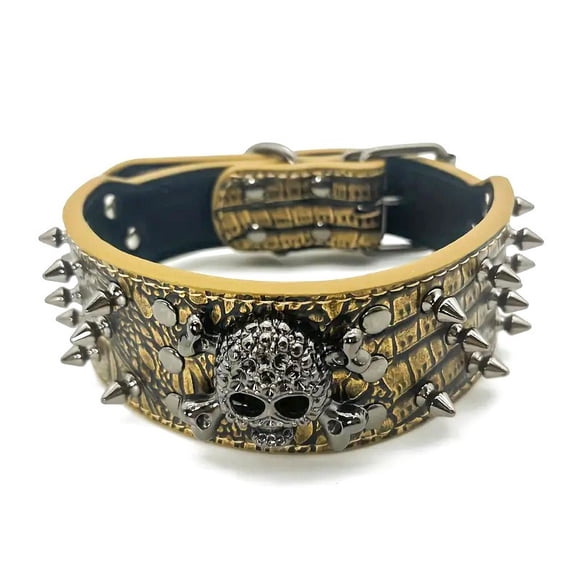 Leather Dog Collar with Skull Studs, Anti-Bite Rivet Collar for Medium Large Dogs, Punk Style Adjustable Pet Necklace with Metal Spikes, Heavy Duty PU Leather