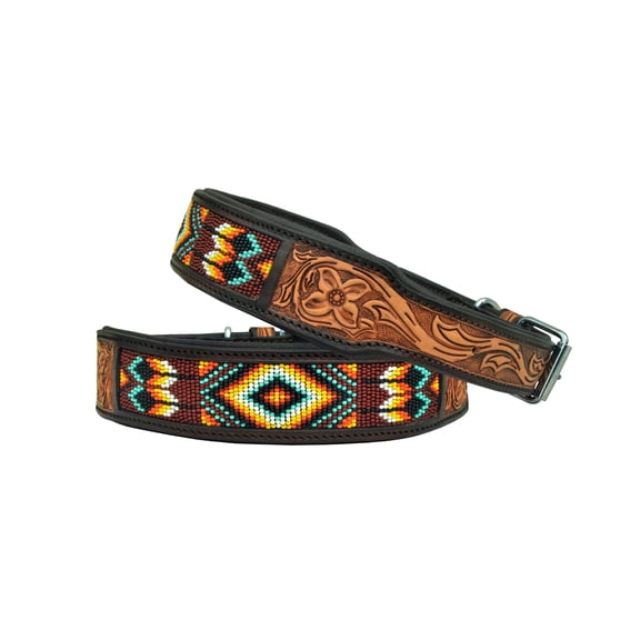 Leather Dog Collar Small Size Western Style Heavy Duty Hand Tooled Adjustable Beaded and Padded Soft for Puppies and Big Dogs 10AB025-S