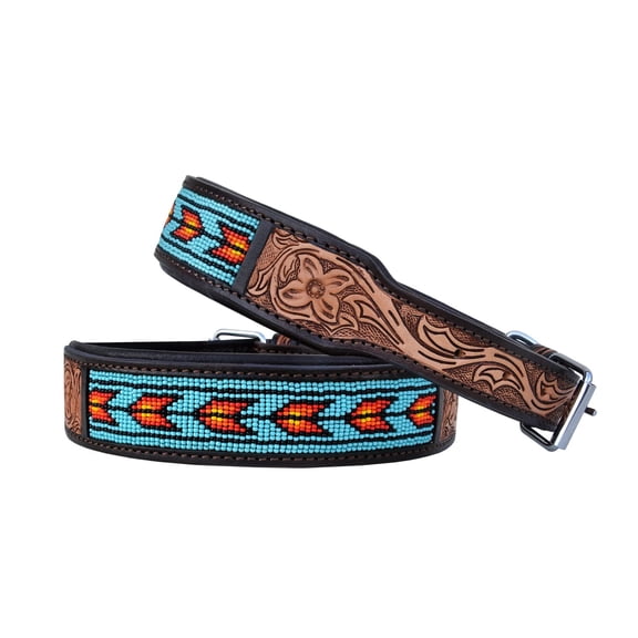 Leather Dog Collar Small Size Western Style Heavy Duty Hand Tooled Adjustable Beaded and Padded Soft for Puppies and Big Dogs 10AB031 -S