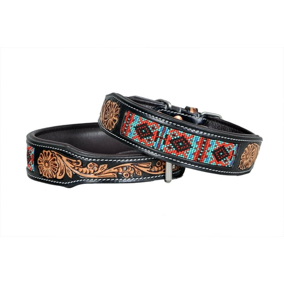 Leather Dog Collar Small Size Western Style Heavy Duty Hand Tooled Adjustable Beaded and Padded Soft for Puppies and Big Dogs 10IS013 -S