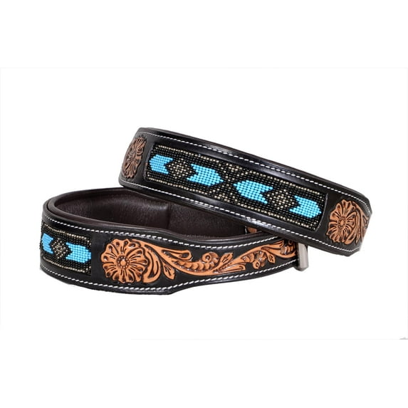 Leather Dog Collar Small Size Western Style Heavy Duty Hand Tooled Adjustable Beaded and Padded Soft for Puppies and Big Dogs 10IS015 -S
