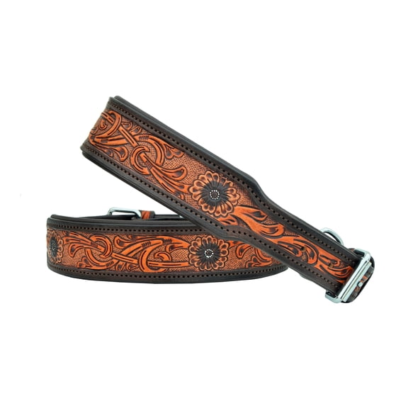Leather Dog Collar Small Size Western Style Heavy Duty Hand Tooled Adjustable Padded Soft for Small Puppies and Big Dogs 10AB143 -S