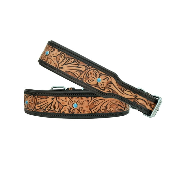 Leather Dog Collar Small Size Western Style Heavy Duty Hand Tooled Adjustable Padded Soft for Small Puppies and Big Dogs 10AB145 -S