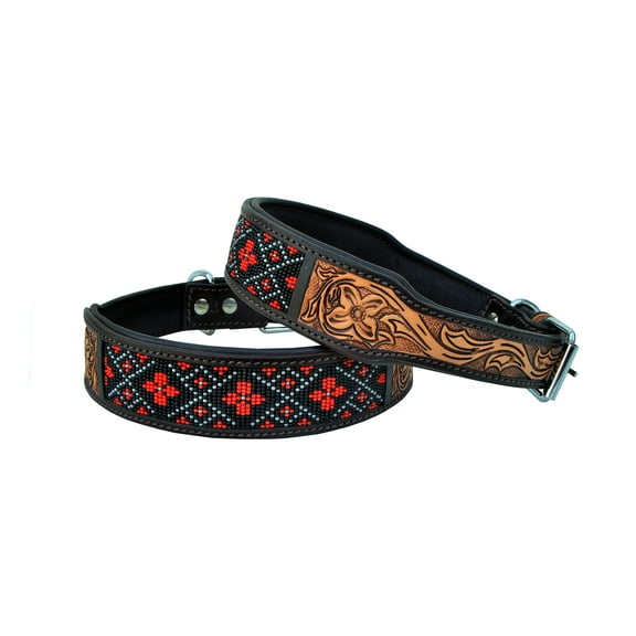 Leather Dog Collar Western Style Heavy Duty Hand Tooled Adjustable Beaded and Padded Soft for Puppies and Big Dogs 10AB005