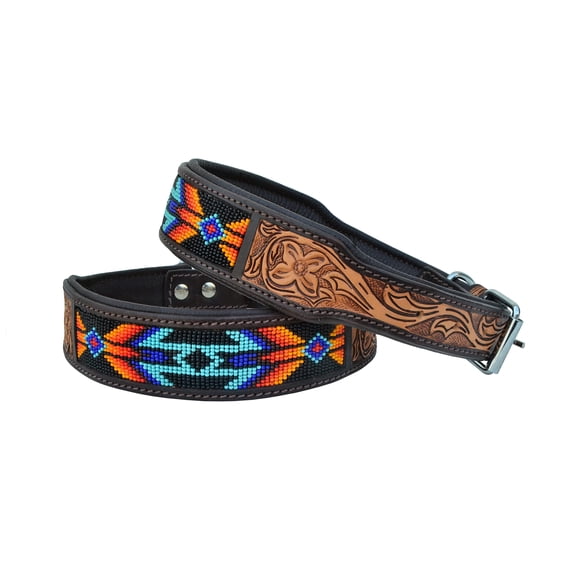 Leather Dog Collar Western Style Heavy Duty Hand Tooled Adjustable Beaded and Padded Soft for Puppies and Big Dogs 10AB016