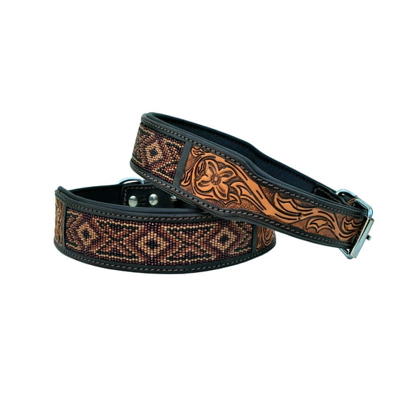 Leather Dog Collar Western Style Heavy Duty Hand Tooled Adjustable Beaded and Padded Soft for Puppies and Big Dogs 10AB019