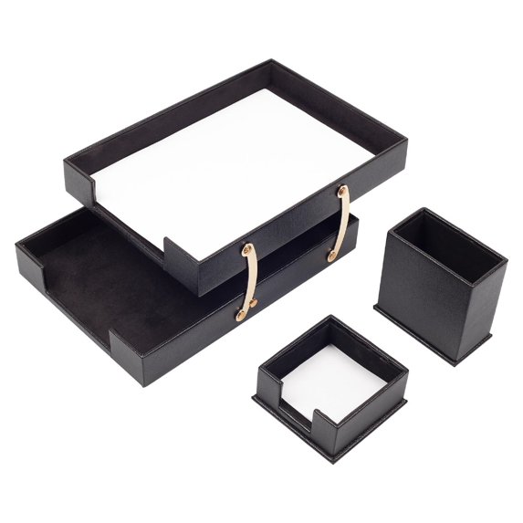 Leather Double Document Tray - Pen Holder - Note Paper Holder -3 Accessories-Desk Organizer - Office Desk Accessories - Desktop Storage - 3 PCS