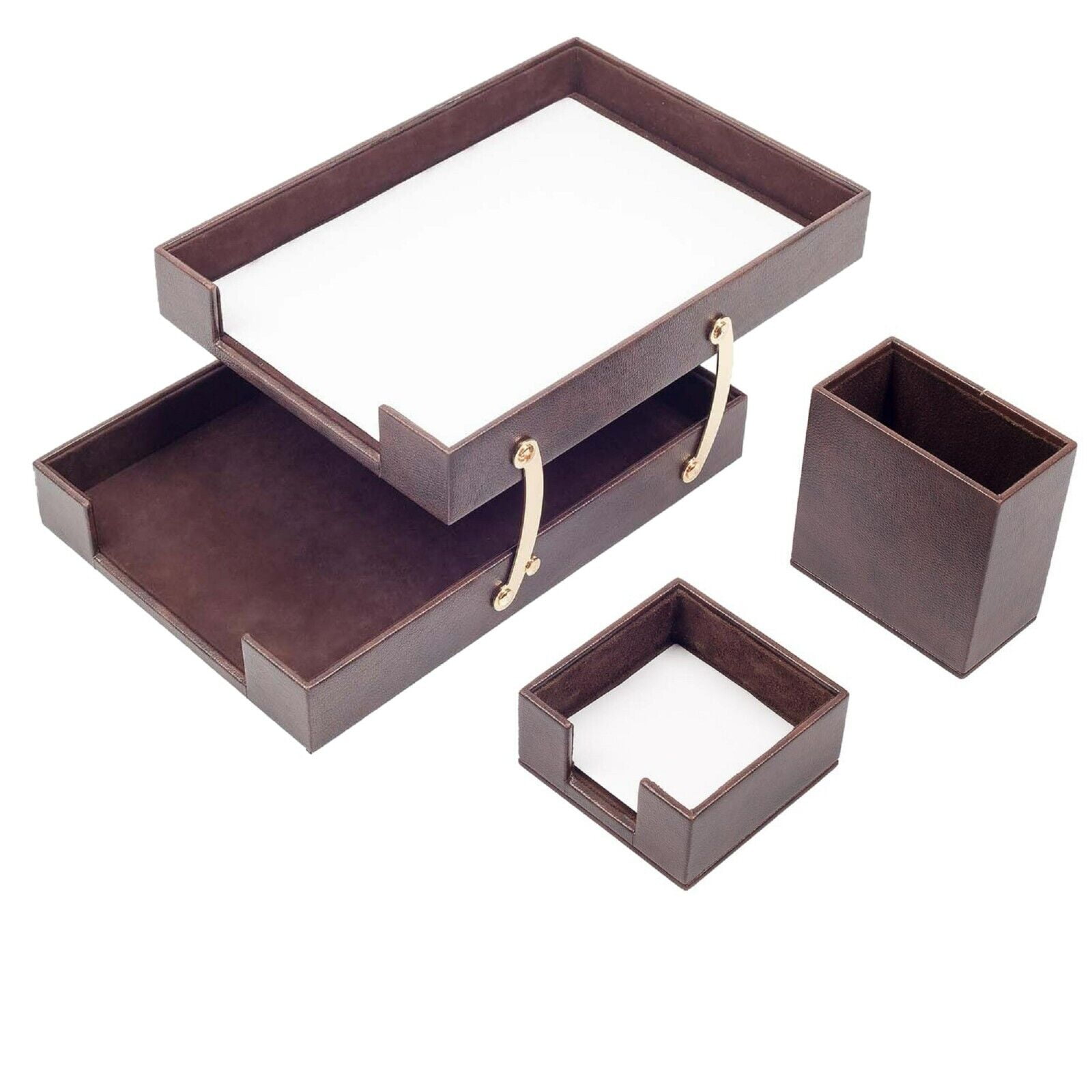 Brown Faux Leather Desk Organizer Set with Velvet Lining