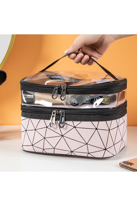 Leather Double Layer Large Organizer Bag,Travel Accessories Dorm Room Essentials Toiletry Bag for Women,Travel Essentials Cosmetic Bag Case,Light Pink