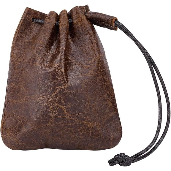 Leather Drawstring Pouch Cowhide Leather Jewelry Storage Bag 4.7x3.9 Inch Coconut Brown Small Coin