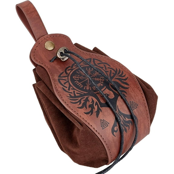 Leather Drawstring Pouch Medieval Vintage Waist Bag Phoenix Pattern Printed Portable Fanny Pack Fashion Brown Dice Coin Purse for Women Men Hiking Waist Packs Costume Accessories DIY Coconut Brown
