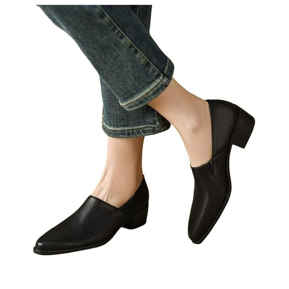 Leather Dress Shoes for Women Ladies Vintage Pointed Toe Mid Heel Slip on Oxfords Work Shoes